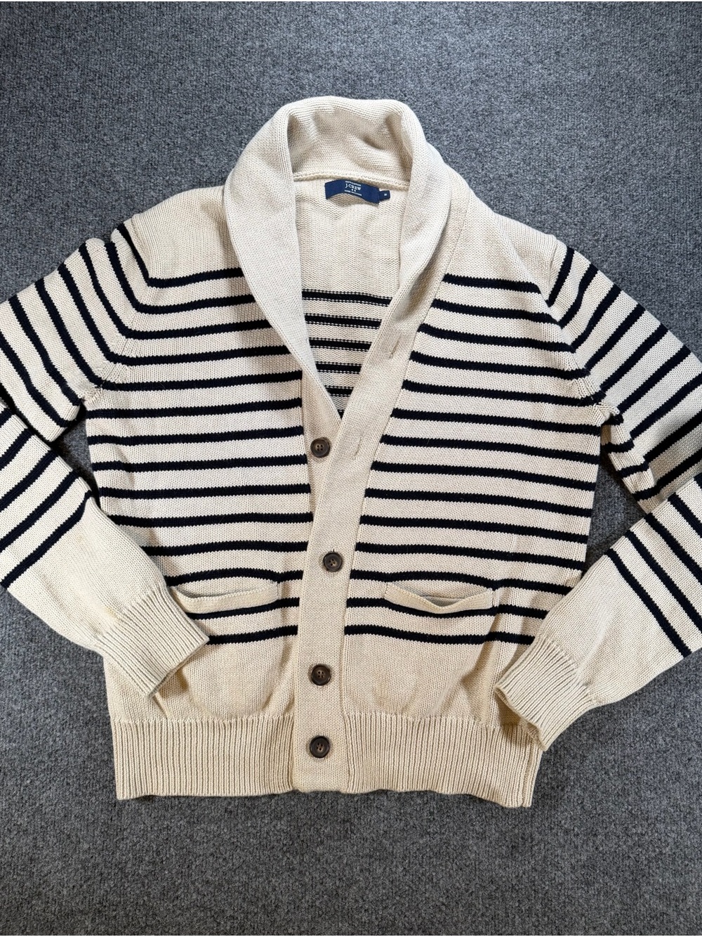 J Crew Men's Shawl Collar Striped Cardigan Sweater - Cream & Navy Medium